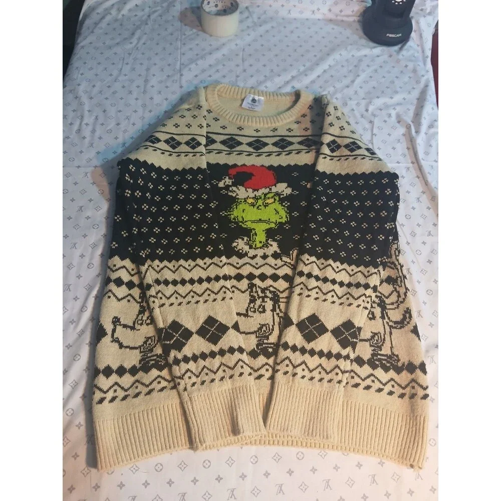 The Grinch Boys Christmas Sweater Beige Long Sleeve Crew Neck Size L Ugly Sweat